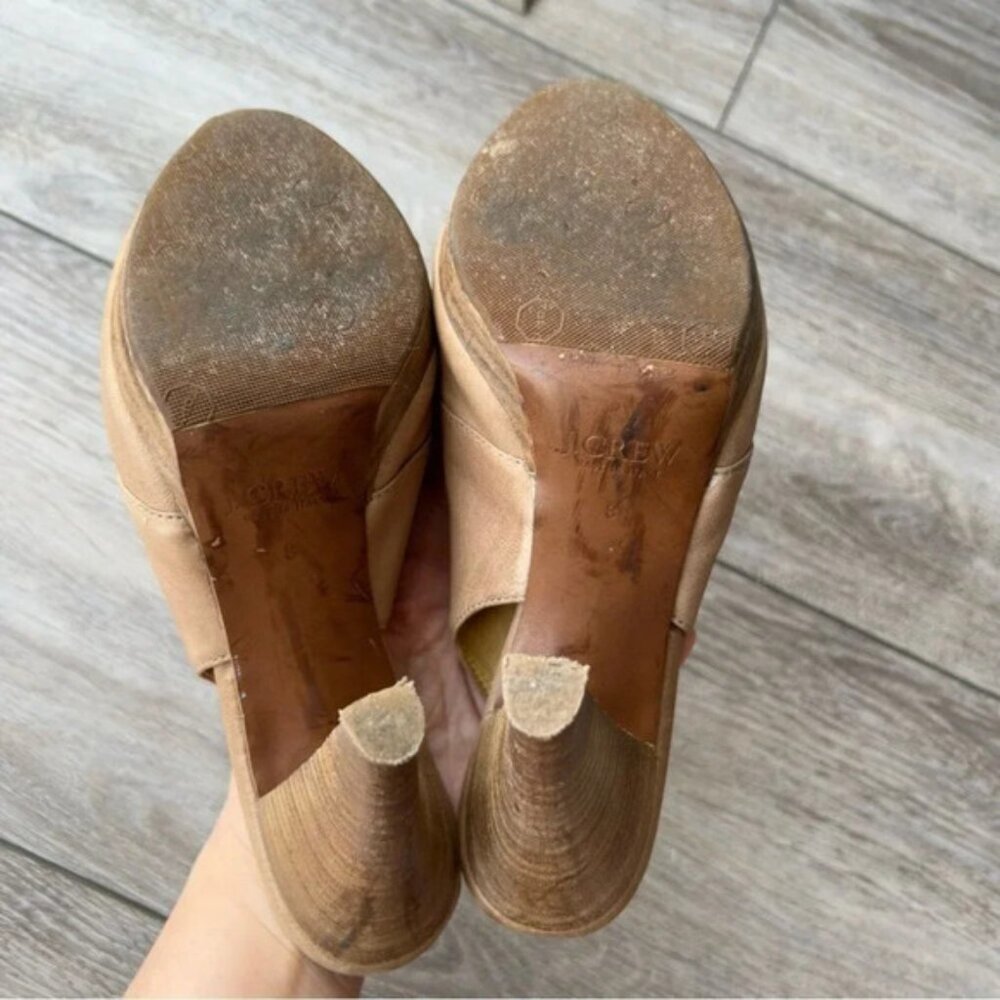 J Crew Peep Toe Lace Up Tan Leather Slingback Wooden Heel Pumps - Picture 9 of 13